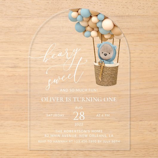 Invitations En Acrylique Ours mignon, Ballons Bleus, Premier Anniversaire (Recto)
