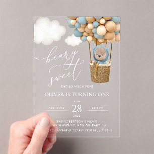 Invitations En Acrylique Ours mignon, Ballons Bleus, Premier Anniversaire
