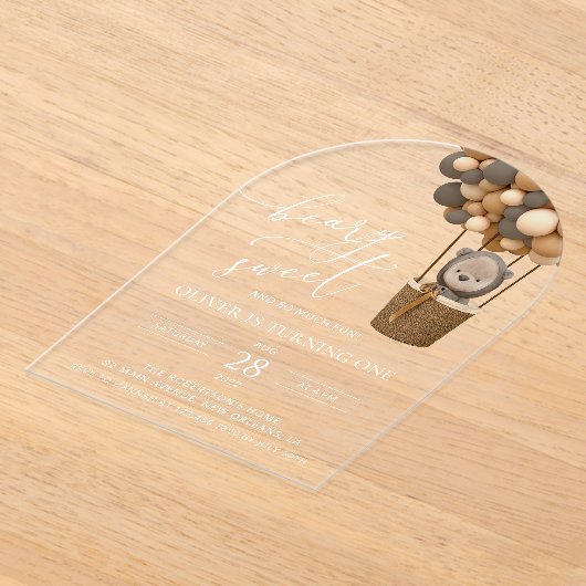 Invitations En Acrylique Ours mignon, Ballons Brown, Premier anniversaire (Poser)