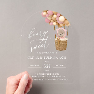 Invitations En Acrylique Ours mignon, Ballons roses, Premier Anniversaire