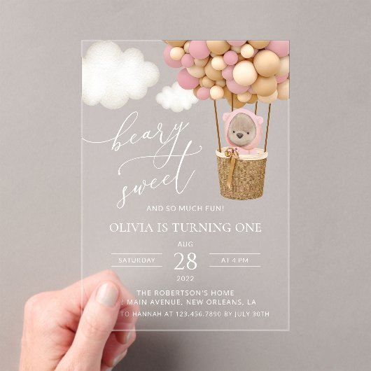 Invitations En Acrylique Ours mignon, Ballons roses, Premier Anniversaire (In situ (ordinateur de poche))