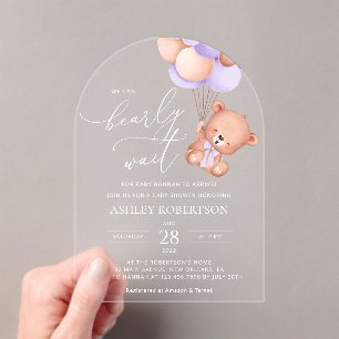 Invitations En Acrylique Ours, Ours mignon, Ballons pourpres, Baby shower