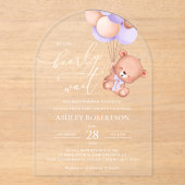 Invitations En Acrylique Ours, Ours mignon, Ballons pourpres, Baby shower (Recto)