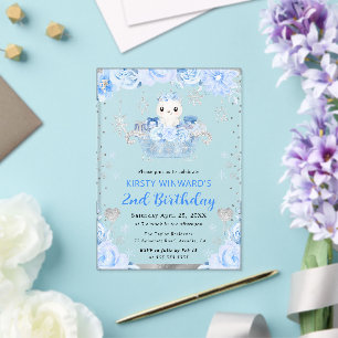Invitations En Acrylique Ours polaire aquarelle floral 2e anniversaire
