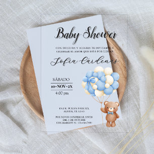 Invitations En Acrylique Ours Teddy Avec Balloons Espagnol Baby shower Blan