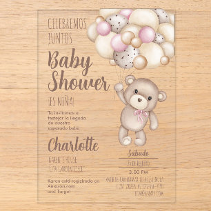 Invitations En Acrylique Ourson en acrylique Baby Shower Fille Espagnol