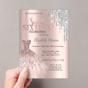 Invitations En Acrylique Paillettes argentées Cool Glitter, Robe Rose Gold 