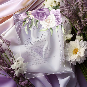 Invitations En Acrylique Paillettes Florales Douze Ans Mauve ID912
