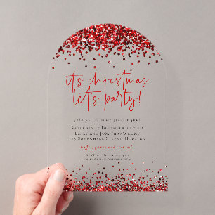 Invitations En Acrylique Paillettes Rouges Faux Let's Party Noël Acrylique
