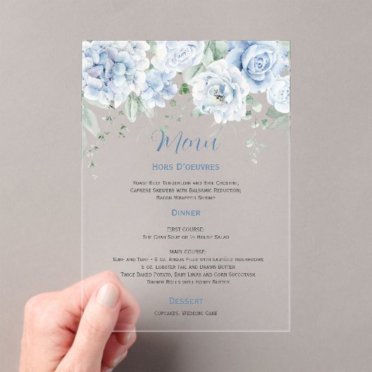 Invitations En Acrylique Pale Blue Floral Menu Mariage (In situ (ordinateur de poche))