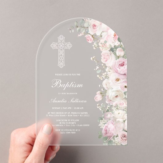 Invitations En Acrylique Pale Pink Flowers Arch Baptism Frosted (In situ (ordinateur de poche))
