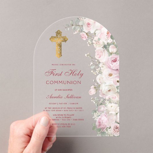 Invitations En Acrylique Pale Pink Flowers Arch First Communion Clear (In situ (ordinateur de poche))