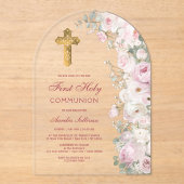 Invitations En Acrylique Pale Pink Flowers Arch First Communion Clear (Recto)