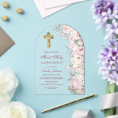 Invitations En Acrylique Pale Pink Flowers Arch First Communion Clear (Insitu (Mariage))