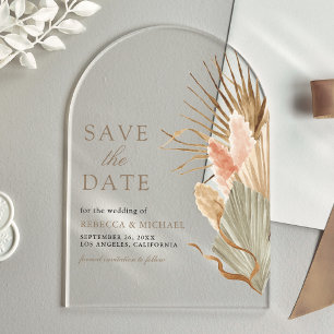 Invitations En Acrylique Palm Séché Pampas Mariage Taupe Enregistrer la dat
