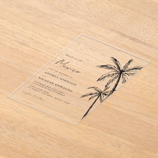 Invitations En Acrylique Palm Tree Sketch Voyage Plage Destination Mariage (Poser)