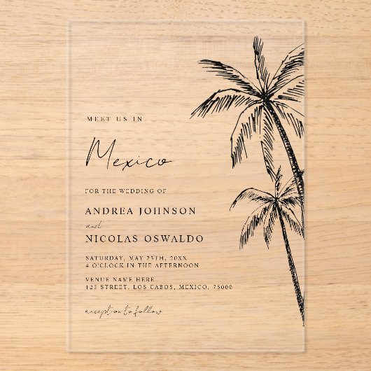 Invitations En Acrylique Palm Tree Sketch Voyage Plage Destination Mariage (Recto)