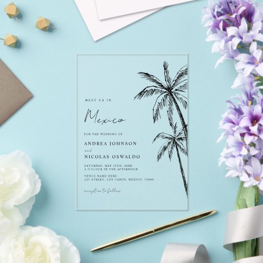 Invitations En Acrylique Palm Tree Sketch Voyage Plage Destination Mariage (Insitu (Mariage))