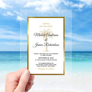 Invitations En Acrylique Palmier d'or tropical Mariage de plage élégant