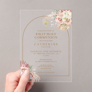 Invitations En Acrylique Pampas Arc d'or rose Grass Première communion sain