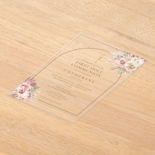Invitations En Acrylique Pampas Arc d'or rose Grass Première communion sain (Poser)