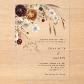 Invitations En Acrylique Pampas bordeaux beige floral mariage clair (Recto)