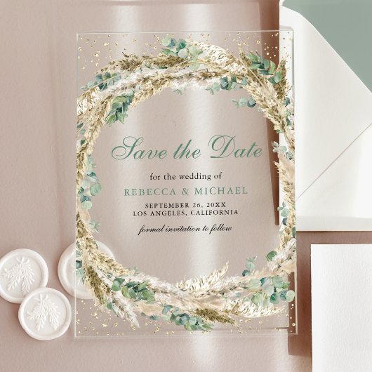 Invitations En Acrylique Pampas Eucalyptus Wreath Wedding Enregistrer la da