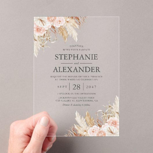 Invitations En Acrylique Pampas Grass rose Mariage Floral (In situ (ordinateur de poche))