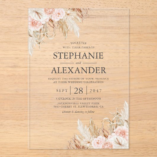 Invitations En Acrylique Pampas Grass rose Mariage Floral (Recto)