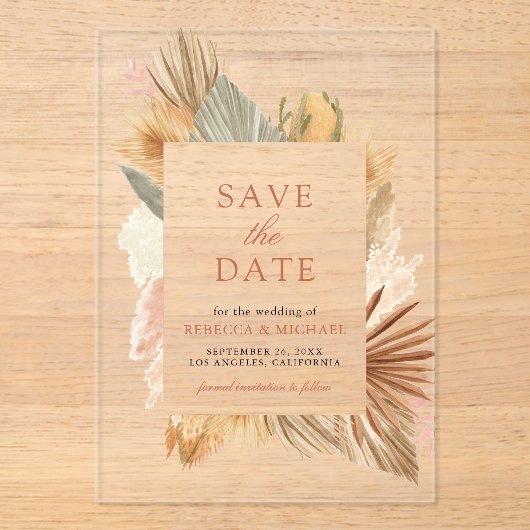 Invitations En Acrylique Pampas Palm de Herbe Feuilles mariage Enregistrer  (Recto)