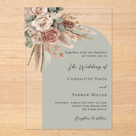 Invitations En Acrylique Pampas rose beige sauge arche verte clair mariage (Recto)