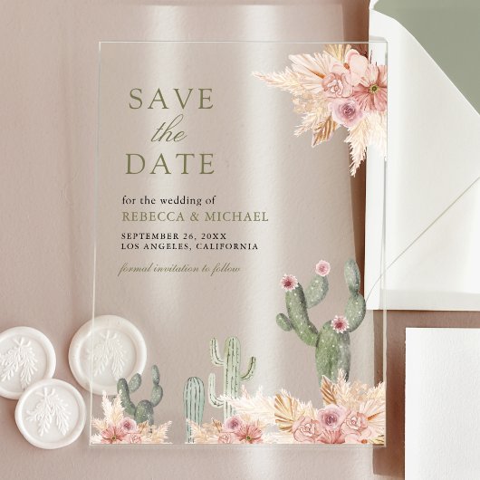 Invitations En Acrylique Pampas rose floral Cactus Mariage Enregistrer la d