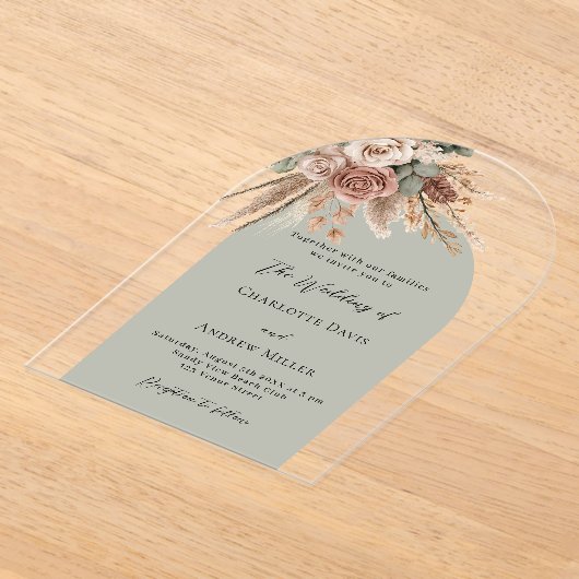 Invitations En Acrylique Pampas rose verte sage carré mariage clair (Poser)