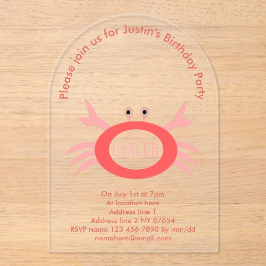 Invitations En Acrylique Panneau étoile Cancer Crabe fête d'anniversaire pe (Recto)