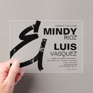 Invitations En Acrylique Papeterie de mariage BOLD AMPERSAND Grunge Noir Bl