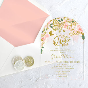Invitations En Acrylique Papier Quinceañera Papillon Floral Or Rose