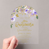 Invitations En Acrylique Papillon floral pourpre or Quinceañera (In situ (ordinateur de poche))