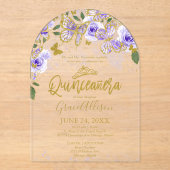 Invitations En Acrylique Papillon floral pourpre or Quinceañera (Recto)