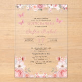 Invitations En Acrylique Papillon floral rose rose pâle Quinceañera (Recto)