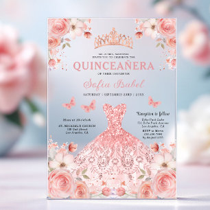 Invitations En Acrylique Papillon floral rose rose pâle Quinceañera
