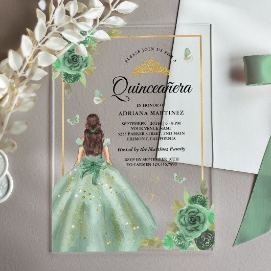Invitations En Acrylique Papillon floral vert Dusty Quinceanera