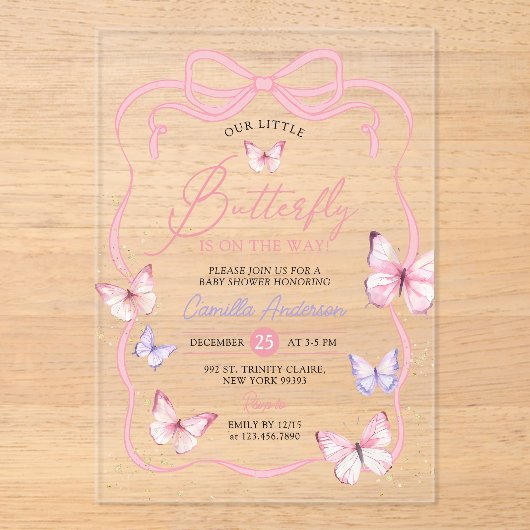 Invitations En Acrylique Papillon papillon rose pourpre Baby shower fille (Recto)