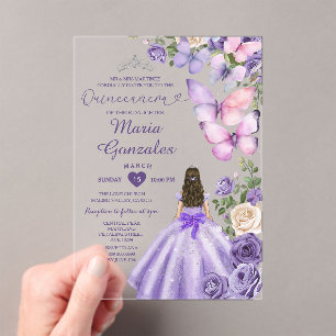 Invitations En Acrylique Papillon pourpre Floral Princesse Robe Quinceañera