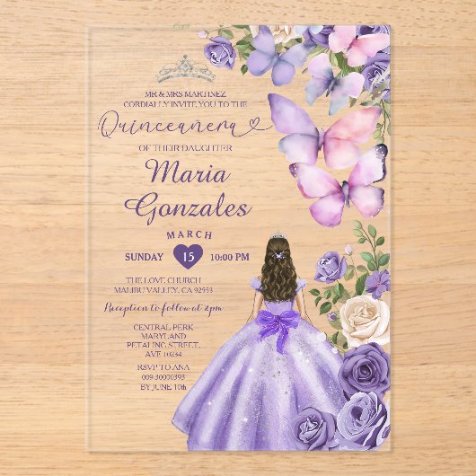 Invitations En Acrylique Papillon pourpre Floral Princesse Robe Quinceañera (Recto)