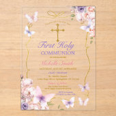 Invitations En Acrylique Papillon pourpre Rose Floral Première communion sa (Recto)