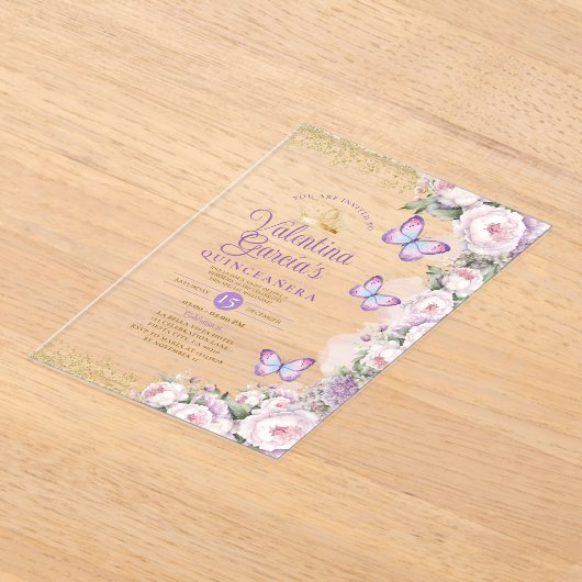 Invitations En Acrylique Papillon Quinceañera 15 Anos Purple Couronne Flora (Poser)