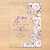 Invitations En Acrylique Papillon Quinceañera 15 Anos Purple Couronne Flora (Recto)