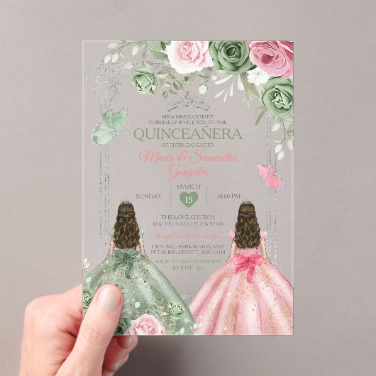 Invitations En Acrylique Papillon Quinceañera Sage Vert Et Rose Twin (In situ (ordinateur de poche))