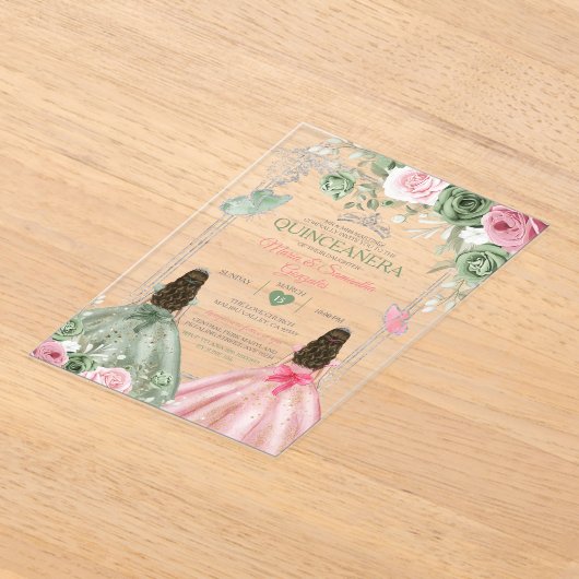 Invitations En Acrylique Papillon Quinceañera Sage Vert Et Rose Twin (Poser)