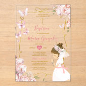 Invitations En Acrylique Papillon rose Fille Florale priant Baptême d'or (Recto)